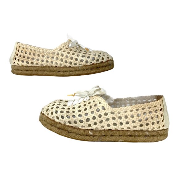 Saint Laurent Womens 7 38 Cream Espadrille Lace Up Loafers Woven Round Toe - Picture 2 of 16
